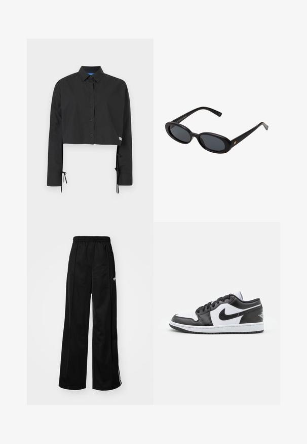 Svart avkortet skjorte med knapping foran, lange ermer, justerbare knytingdetaljer ved mansjettene, og en subtil merkeakcent.; Sorte bredde bukser med elastisk midje, med hvite sidestreker og en liten logo på venstre hofte. Glatt stofftekstur.; Sorte og hvite Nike lave sneakers har en glatt læroverdel, rund tå, snøring og en mønstret gummisåle.; Svart overdimensjonerte solbriller med ovale linser, glatt plastramme og gullakenter på bøylene. Mørke linser gir solbeskyttelse.