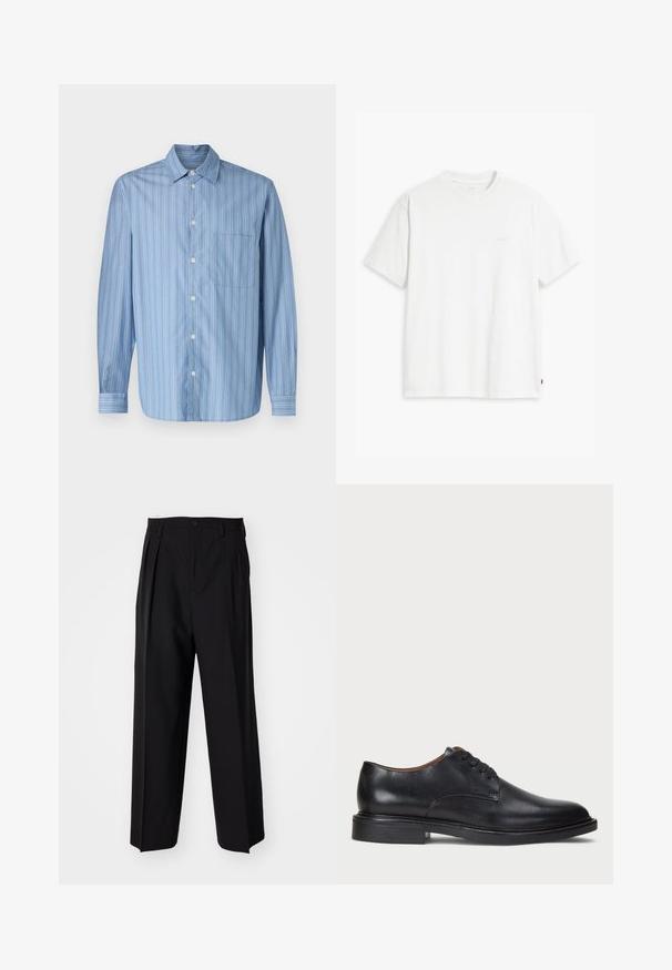 Helles blaues Hemd mit aufrechten Streifen in unterschiedlichen Breiten, ausgestattet mit einem spitzen Kragen, langen Ärmeln und einer einzelnen Brusttasche.; Weißes Baumwoll-T-Shirt mit kurzen Ärmeln, Rundhalsausschnitt und dezentem Levi's-Logo in der Mitte. Weicher Stoff und normale Passform.; Schwarze, plissierte Hose mit geradem, weitem Bein. Hergestellt aus glattem Stoff, mit Knopfverschluss und Gürtelschlaufen.; Schwarze Lederdressschuhe mit runder Zehenform, Schnürdesign und niedrigem gestapeltem Absatz. Glatte Textur mit minimalen Nähten.