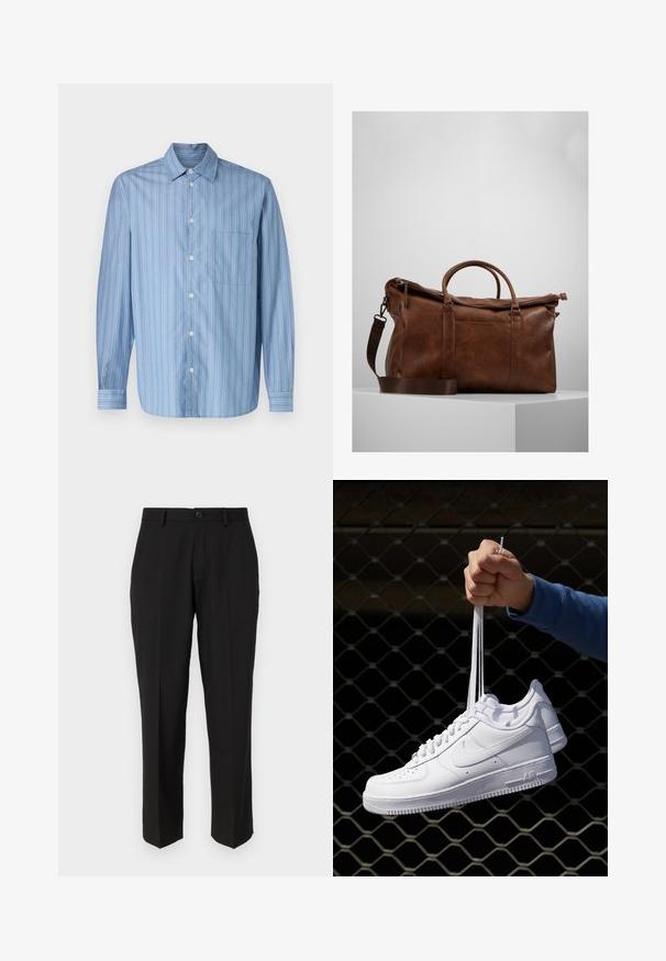 Hemelsblauw overhemd met verticale strepen in wisselende breedtes, voorzien van een puntige kraag, lange mouwen en een enkele borstzak.; Zwarte broeken van soepele stof, met een rechte pijpconstructie, vo pockets, een enkele knoopsluiting en geen zichtbare patronen.; Witte leren sneakers met perforaties, ronde neus, vlakke zool en dikke veters, met een zichtbare swoosh-logo en "AIR" op de hiel.; Bruine leren sporttas met een ritssluiting, dubbele handvaten, een verstelbare schouderband en zichtbare textuurpatronen op het oppervlak.