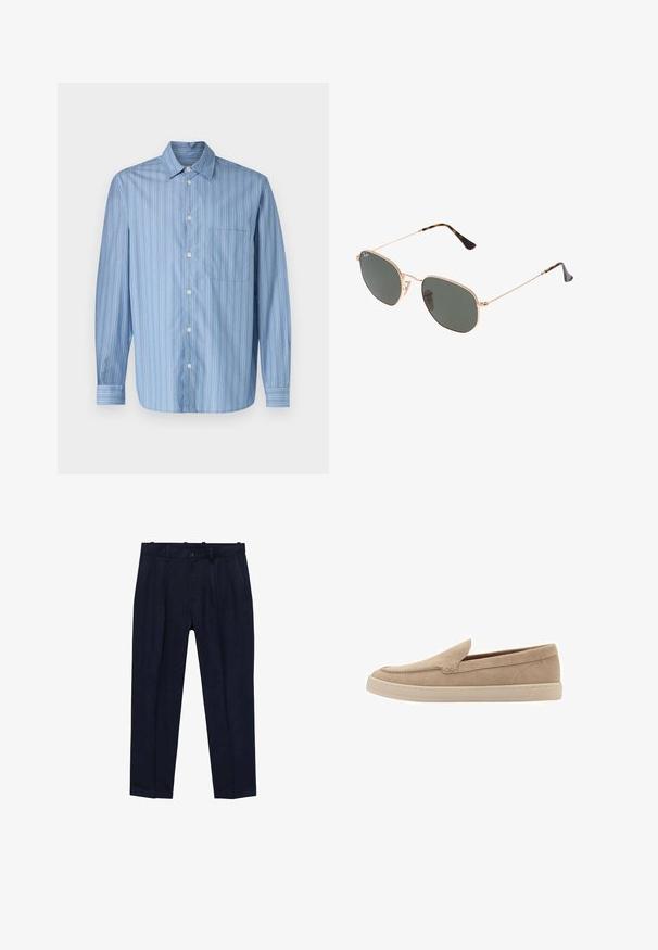 Hemelsblauw overhemd met verticale strepen in wisselende breedtes, voorzien van een puntige kraag, lange mouwen en een enkele borstzak.; Maritieme broek van gladde stof, met een iets getailleerde pasvorm, voorplooien, riemlussen en een enkel knoopsluiting.; Beige nubuck instapper met een ronde neus en gestikte details. Lichtgekleurde rubberen zool met een laag profiel.; Gouden metalen zonnebril met donkergroene lenzen, aviator-stijl, met slanke scharnieren en schildpad-accenten op de uiteinden.