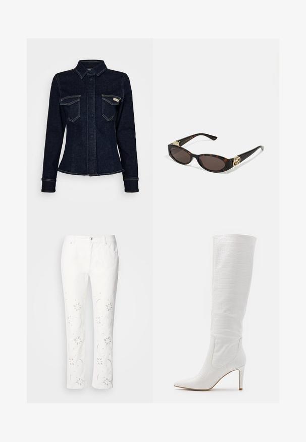 Giacca in denim blu scuro con colletto a punta, due tasche sul petto e cuciture visibili. Vestibilità leggermente affusolata con maniche lunghe.; Pantaloni bianchi in cotone con ricami floreali lungo le gambe, dal taglio dritto e con chiusura a bottone in vita.; RAID TRIBUTE - Stivali con i tacchi - white; Occhiali da sole tartarugati con lenti ovali allungate, tonalità marrone, accenti dorati con logo sulle tempie e aste nere eleganti.; Borsa a tracolla beige con un motivo stampato, forma curvata, dettagli in pelle e un logo dorato sul davanti. Presenta una maniglia corta per un facile trasporto.; Anelli intrecciati in oro tono, sovrapposti insieme, caratterizzati da un design testurizzato con bordi lisci e curvi, creando un aspetto organico e fluido.