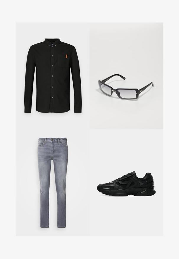 Black long-sleeve shirt made of cotton, featuring a button-up front, a chest pocket with a tan accent, and blue buttons.; Light grey denim jeans with a straight cut, featuring five pockets, brass button closure, and subtle fading on the legs.; Black athletic sneakers with textured upper, reflective accents, and cushioned soles. Features laces and brand logo on the side.; Black rectangular sunglasses with a gradient lens, featuring a thick frame and metal accent details on the arms. Smooth texture throughout.