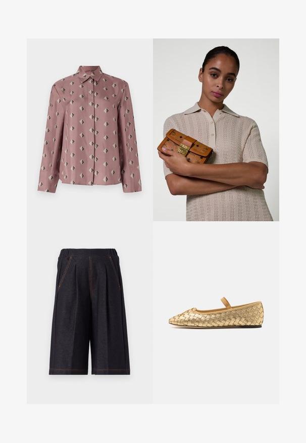 Een button-up shirt van zacht roze stof met een geometrisch patroon van diamanten en driehoeken in gedempt grijs en zwart. Lange mouwen, klassieke kraag.; Donkergrijze shorts van zacht materiaal, met plooien en oranje stikselaccenten. Elastische tailleband voor comfort, knielange pasvorm.; Loeffler Randall LEONIE SOFT BALLET FLAT - Ballerina's met enkelbandjes - gold; Vrouw met glad achterover getrokken haar draagt een beige gebreid polo met korte mouwen, terwijl ze een tan geklede lederen clutch met gouden sluiting en ketting vasthoudt.