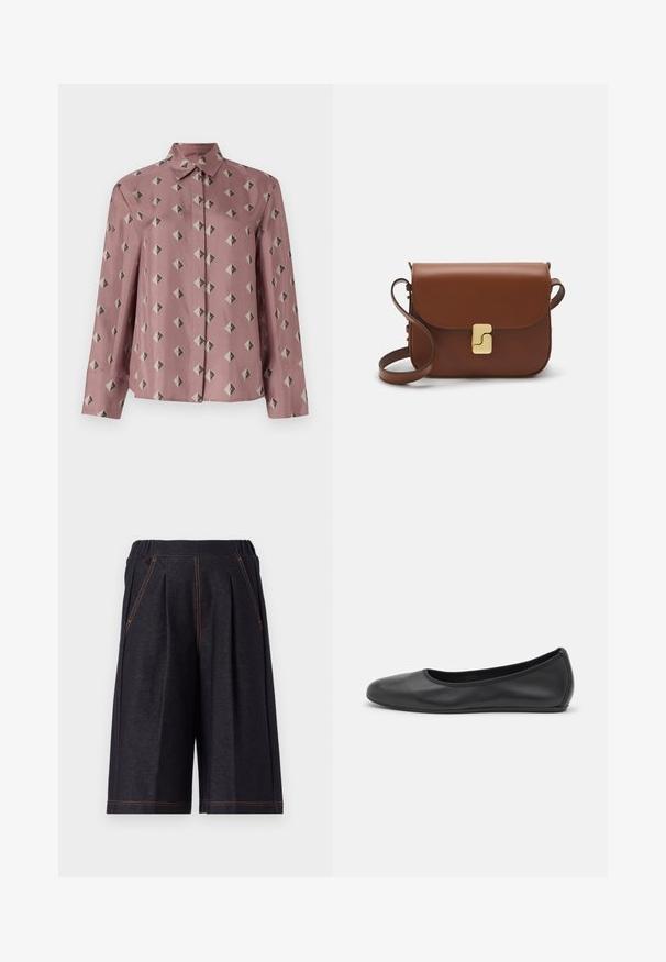 Beige Hemd aus weichem pink farbenem Stoff mit einem geometrischen Muster aus Rauten und Dreiecken in gedämpftem Grau und Schwarz. Lange Ärmel, klassischer Kragen.; Dunkelgraue Shorts aus weichem Stoff, mit Falten und orangefarbigen Nähten. Elastischer Bund für Komfort, knielanges Design.; Schwarze Leder-Ballettschuhe mit abgerundeter Spitze, glatter Textur, minimalen Nähdetails und einem flexiblen Sohlen-Design.; Braune Ledertasche mit Klappenverschluss, Beschlägen in Goldfarbe, einem Schultergurt und einer glatten Oberfläche. Kompakte rechteckige Form.