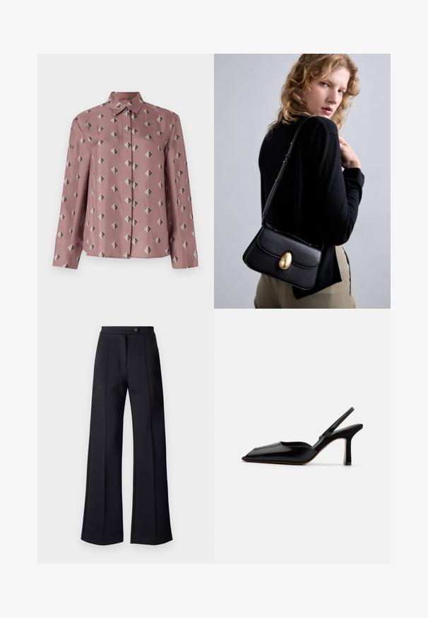 Šviesiai rožinė mygtukinė marškiniai, pagaminti iš minkšto audinio, su geometrišku raštu, sudarytu iš deimantų ir trikampių, atspalvių pilkos ir juodos spalvos. Ilgos rankovės, klasikinis apykaklė.; Juodos plačios kojos kelnės, pagamintos iš sklandaus audinio, su priekinėmis užtrauktukais ir viena knopke juosmens srityje. Tailor‘as dizainas su vertikaliomis siūlėmis.; Juodas odinis slingback kulnas su smailiu nosiu, minimalizmo stilius, plonas kulkšnies dirželis ir elegantiškas stiletto kulnas. Lygus paviršius.; Juodos odinės rankinės su išlenktu siluetu, turinčios ryškų auksinį ovalų sagtį, reguliuojamą dirželį ir minimalistišką dizainą.