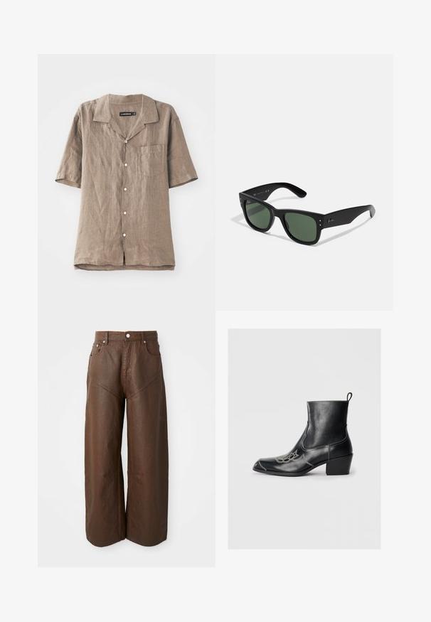 Kortermet lin skjorte i lys brun med krage, frontlomme og knappestolpe. Myk tekstur med et naturlig vevmønster.; Langermet ribbestrikket topp i mørkegrønn, med rund halslinning og rett nederkant. Laget av mykt stoff, med minimale sømmer og ingen synlige mønstre.; Brede brune læderbukser med brede ben, fem lommer og knaplukning, præsenteret på en neutral hvid baggrund.; Svarte skinn ankelstøvler med firkantet tå, dekorativ søm og lav blokkhel. Har en trektegjenstand for enkel påkledning.; Sorte rektangulære solbriller med grønne linser, matt finish, subtile detaljer i hardware og preget logo på stangen.