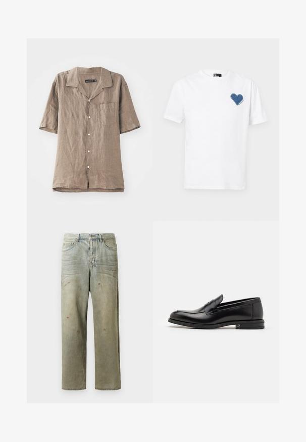 Lühikeste varrukatega linane särk heledas pruunis, krae, eesmine tasku ja nööpidega esine sulgemine. Pehme tekstuur loomuliku kudumise mustriga.; Valge puuvillane T-särk, millel on vasakus rinnakus sinine denimehheart aplikaat. Lühikesed varrukad ja klassikaline ümardatud kaelus.; Karmiinroheline kulunud denim teksapüksid, millel on sirge jalg, viie taskuga disain ning ebaühtlane pleekimine koos värvikrõpsudega.; Mustad mustad nahast loafers sileda tekstuuriga, ümarat ninaosa ja dekoratiivne riba vampi üle. Madal kihiline konts, minimalistlik disain.