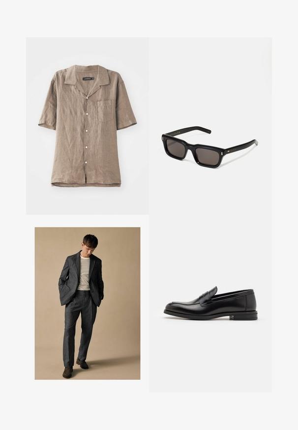 Camicetta in lino a maniche corte di colore marrone chiaro con colletto, tasca frontale e chiusura con bottoni. Texture morbida con un motivo di tessitura naturale.; Completo grigio su misura con rever a scollo e tasche frontali, abbinato a una camicia a righe. I pantaloni hanno una vestibilità comoda e dettagli delle pieghe. Scarpe marroni.; Mocassini neri in pelle con una texture liscia, punta arrotondata e una striscia decorativa sulla tomaia. Tacco basso impilato, design minimalista.; Occhiali da sole neri rettangolari con lenti scure, montatura spessa in plastica, dettagli dorati sulle tempie e logo del marchio inciso sull'asta.