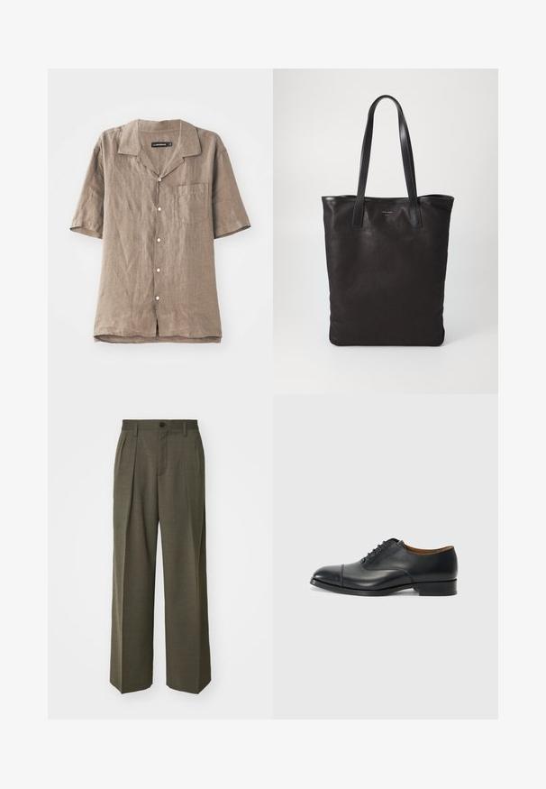 Lyhythihainen pellavapaita vaaleanruskeana, kauluksella, etutaskulla ja napitettavalla edellä. Pehmeä rakenne luonnollisella kudoskuviolla.; Filippa K WIDE TROUSERS - Housut - driftwood; Mustat nahkakengät, joissa on sileä pinta, pyöreä kärki, viisi rei'itystä nauhoja varten ja matala lohko korko. Minimalistinen muotoilu hienovaraisella ompelulla.; Mustat kangaskassit mustilla nahkahandleilla. Yksinkertainen muotoilu, tilava runko ja sileä pinta. Ei näkyviä logoja tai kuvioita.