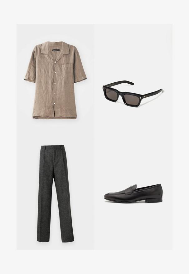 Cămașă din in cu mânecă scurtă, de culoare bej deschis, cu guler, buzunar frontal și închidere cu nasturi. Textură moale cu un model de țesătură natural.; Pantaloni gri ajustați din țesătură texturată, prezentând două pliere frontale și un design drept. Fără buzunare vizibile sau ornamente.; Mocasini din piele neagră, cu un design elegant, vârf rotund și toc mic, împăturit. Prezintă un detaliu decorativ cusut pe partea superioară.; Ochelari de soare negri, rectangul care au lentile întunecate, ramă din plastic gros, accente aurii pe brațe și logo-ul brandului gravat pe mâner.