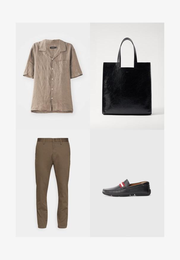 Lichtbruine linnen shirt met korte mouwen, een kraag, een borstzak en sluiting met knopen aan de voorkant. Zachte textuur met een natuurlijk weefpatroon.; Bruine stretchstofbroek met een slim fit. Kenmerkt zich door een gladde tailleband, riemlussen en twee voorzakken.; Zwarte leren instapschoen met een gestructureerd oppervlak, rode en witte gestreepte accenten op de bovenkant, ronde neus en rubberen zool.; Bally EASY TOTE - Shopper - black
