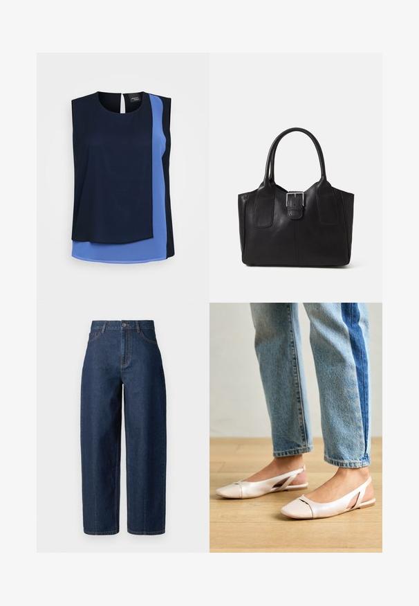 Ermeløs topp med lagdelt design i mørk marineblå og lyseblå stoff. Glatt tekstur, rund halslinning og en nøkkelhulldetalj bak.; Mørkeblå høy midje rette denim bukser med knappelukking, beltehemper, samt front- og baklommer på hvit bakgrunn.; Lys rosa slingback leiligheter med spiss tå, laget av et glatt, læraktig materiale. Har utskjæringer på sidene og lav hæl.; Svart skinn toteveske med jevn tekstur, strukturert form, to håndtak og en fremtredende sølvspenne foran.