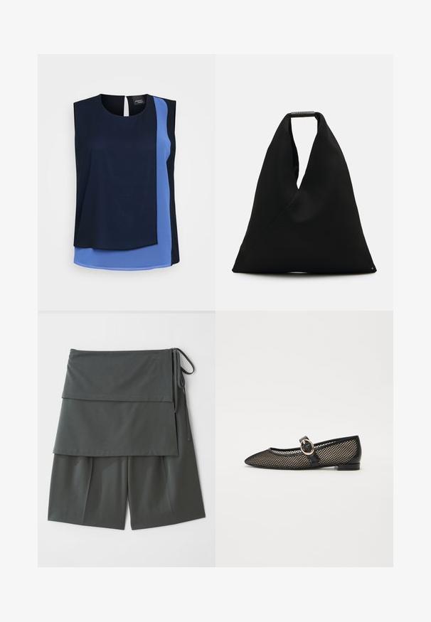 Αμάνικο τοπ με στρωτή σχεδίαση από σκούρο ναυτικό και ανοιχτό μπλε ύφασμα. Λείο υφή, στρογγυλή λαιμόκοψη και λεπτομέρεια με κλειδαρότρυπα στο πίσω μέρος.; Σκούρο γκρι unisex σορτσάκια με στρωματοποιημένο σχέδιο, με πάνω πάνελ και κορδόνια στο πλάι. Κατασκευασμένα από απαλό, ελαφρύ ύφασμα.; Μαύρα πλεκτά μπαλαρίνα με μυτερή μύτη και διακοσμητική λωρίδα που διαθέτει στρογγυλή χρυσή πόρπη. Flat σόλα, κομψός σχεδιασμός.; Μαύρη υφασμάτινη τσάντα tote με μοναδικό σχεδιασμό σε V και απαλή υφή. Διαθέτει κοντό χερούλι με μινιμαλιστική λεπτομέρεια σε υλικά.