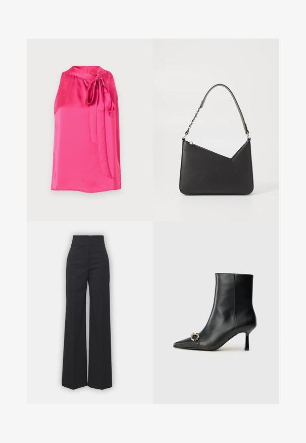 Vaaleanpunainen satiininen hihaton paita, jossa on pyöreä kaula-aukko ja etuosassa solmittu nauha, jossa on sileä pinta ja sulavalinjainen muotoilu.; Suorat lahkeet mustassa kankaassa, korkea vyötärö, siisti viimeistely ja sileä pinta. Ei näkyvää varustusta tai kuvioita.; Musta nahkasaapas nilkkapituisilla, terävillä kärjillä, hoikalla keskipituisella korolla ja hopeavöillä sivussa yksinkertaista taustaa vasten.; Musta nahkakäekott kolmnurga kujuga, peene rihmaga ja hõbedaste detailidega. Omab lukuga sulgemist ja esiküljel on reljeefne logo.