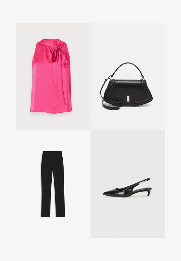 Rosa stattinärmellose Bluse mit rundem Ausschnitt und einer gebundenen Schleifenverzierung an der Vorderseite, die eine glatte Textur und ein fließendes Design aufweist.; Schwarze maßgeschneiderte Hose mit geradem Bein, ausgestattet mit Fronttaschen und einem glatten, strukturierten Stoff. Saubere, minimale Details.; Schwarze Leder-Slingback-Pumps mit spitzem Schuhblatt, ausgestattet mit einem schlanken Absatz und einem goldfarbigen Akzent am verstellbaren Riemen. Glatte Textur.; Schwarze Lederhandtasche mit einem strukturierten Design, das eine verkürzte Form, einen oberen Griff und goldfarbene Hardware-Details aufweist. Verstellbarer Schulterriemen ist enthalten.