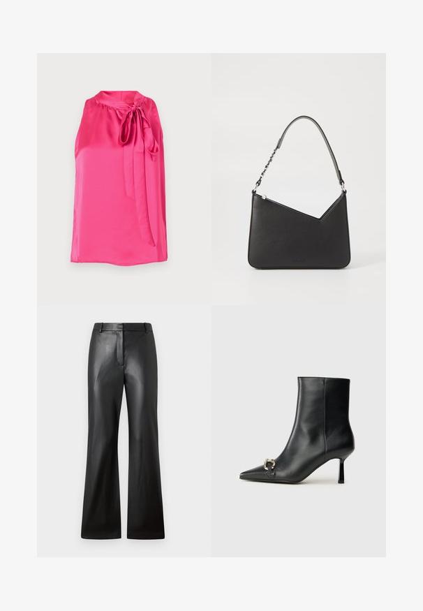 Lyserød satin ærmeløs bluse med rund halslinning og en bundet sløjfeaccent foran, med en glat tekstur og flydende design.; Sorte læderbukser med en glat tekstur, design med vidde i benene og en mid-rise talje med bæltestropper og frontlommer.; Sort læder ankelstøvle med spidse tæer, slank hæl i mellemhøjde og sølvspænde detaljer på siden mod en ensfarvet baggrund.; Sort læderhåndtaske i trekantet form med en slank rem og sølv hardware. Har lynlås-lukning og prægede logo på forsiden.
