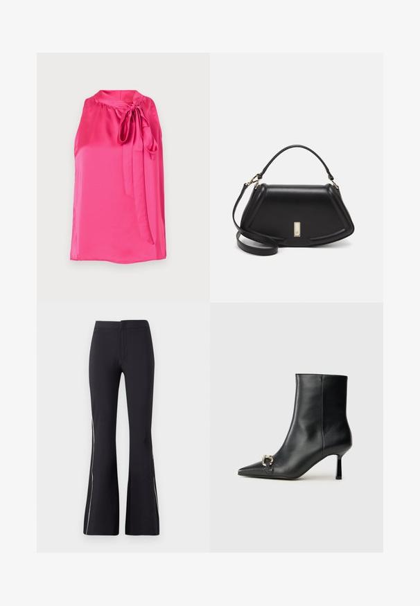 Blusa senza maniche in satin rosa con scollatura tonda e un'adornazione a fiocco annodata davanti, caratterizzata da una texture liscia e un design fluido.; Pantaloni neri a zampa d'elefante realizzati in tessuto elastico. Presentano una texture liscia e piping laterali bianchi a contrasto. Design con semplice vita elasticizzata.; Stivale alla caviglia in pelle nera con punta affusolata, tacco sottile di media altezza e dettaglio in fibbia argentata sul lato, su sfondo semplice.; Borsa a mano in pelle nera con un design strutturato, caratterizzata da una forma corta, manico superiore e accessori in metallo dorato. Inclusa tracolla regolabile.