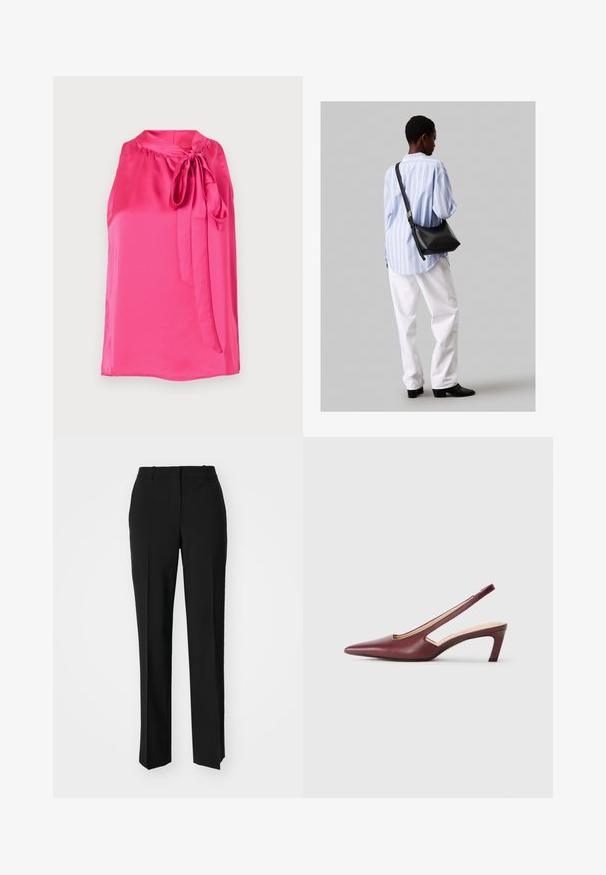Lyserød satin ærmeløs bluse med rund halslinning og en bundet sløjfeaccent foran, med en glat tekstur og flydende design.; Sorte skræddersyede bukser med lige ben-design, der har en glat tekstur og skarpe folder langs fronten. Ingen synlige hardware.; Bordeaux slingback hæle med spids tå, udskæringsdetaljer på siden og en midt-høj blokhæl. Glat læderfinish.; Sort læder skuldertaske med en blød tekstur, trekantet form og justerbar strop, kombineret med en lyseblå stribet skjorte og hvide bukser.