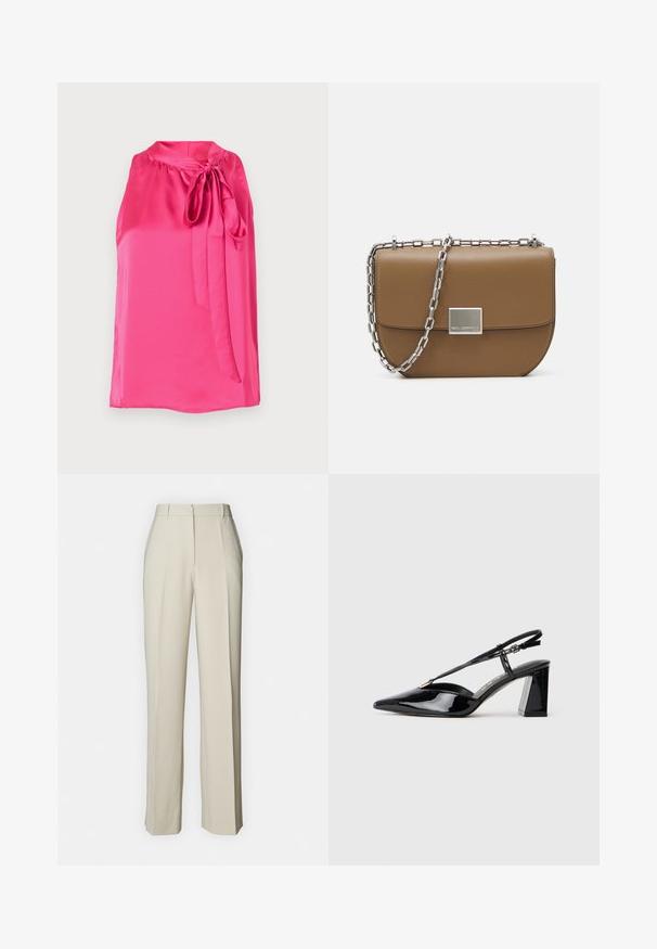 Lyserød satin ærmeløs bluse med rund halslinning og en bundet sløjfeaccent foran, med en glat tekstur og flydende design.; Beige skræddersyede bukser med lige snit, forsynet med frontfolder, flad talje og glat tekstur for et rent finish.; Sorte laklæder slingback højhælede sko med spids tå, justerbar rem og chunky rektangulær hæl.; Brun læder crossbody taske med en buet form, sølv kædested og en firkantet metallisk spænde detalje på forsiden.