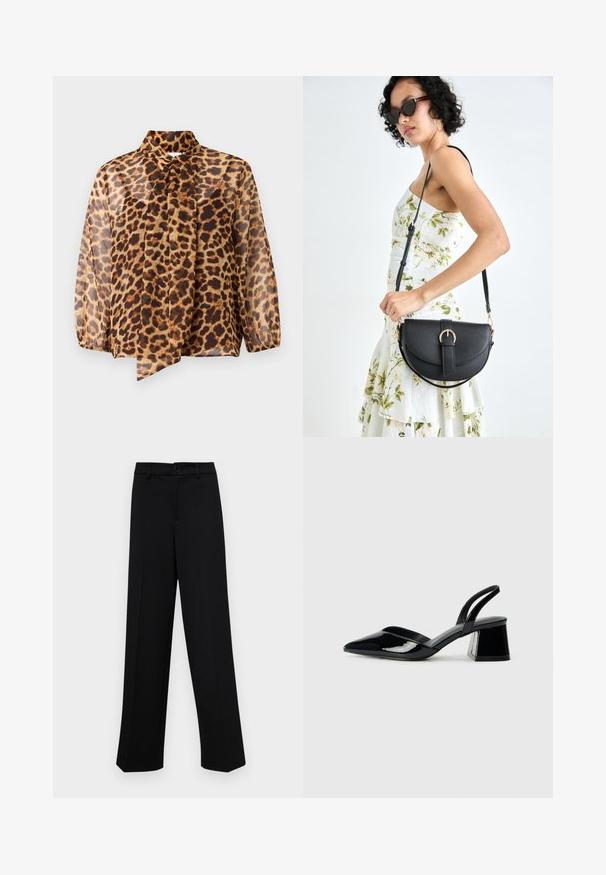 Caurlota, ilgi piedurkņu blūze leopardu rakstā ar saistāmo apkakli. Ir brīva piegriezuma un mīksta, viegla auduma, kas izgatavots smilšu un brūnu toņu kombinācijā.; Melnas platajās bikses, kas izgatavotas no gludas auduma, ar klasisku jostu un pogu aizdari, kā arī priekšējām kroku detalizācijām.; Melna lakota āda ar atvērto papēdi, ar smailu purngalu un ģeometrisku blokpapēdi. Iezīmējas elegants, minimāls dizains un gluda tekstūra.; Melnas ādas rokassoma ar izliekta formu, noņemamu siksnu un zelta aksesuāriem. Somai ir vāciņš ar sprādzes detaļu.; Zelta gredzens ar teksturētu, viļņotu dizainu, kas rotāts ar trim izteiktām virsotnēm. Gluda, spīdīga virsma ar atvērtu joslu, lai to varētu pielāgot.