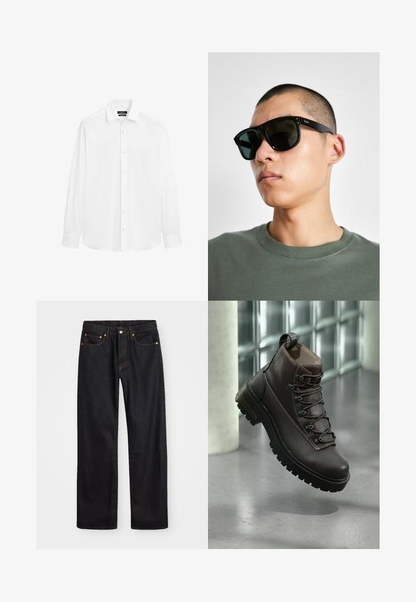 Weißes Langarmhemd aus glattem Stoff mit klassischem Kragen, Knopfleiste und Knopfmanschetten. Einfaches, modernes Design.; Herren gerade geschnittene schwarze Jeans aus Denim mit fünf Taschen und orangefarbenen Nähten, Knopf- und Reißverschluss vorne am Bund.; Brauner Leder-Wanderschuh mit hohem Schaft, robuster Gummisohle, Metallösen und abgesteppten Akzenten. Verfügt über eine Zugschnalle an der Rückseite.; Schwarze rechteckige Sonnenbrille mit dunklen Gläsern, die eine markante Form und eine Markierung am Bügel aufweist. Getragen von einer Person in einem grünen Hemd.