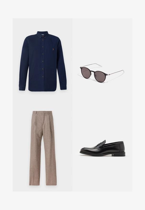 Tengerészkék, hosszú ujjú gombos ing, pamutból készült, gallérral, barna gombokkal és egy kis színes logóval a bal mellen.; Barna, magas derekú nadrág texturált anyagból. Széles szárai és két elülső redője biztosítja a struktúrát. Ízléses kivitel, látható fémszerelés nélkül.; Fekete bőr loaferek sima textúrával, kerek orral és dekoratív pánttal a vampnál. Alacsony, rétegelt sarkú, minimalista dizájn.; Fekete kerek napszemüveg sötét lencsékkel és karcsú fém szárakkal. Átlátszó szárvégeket és ezüst részleteket tartalmaz az ívnél. Minimalista dizájn.