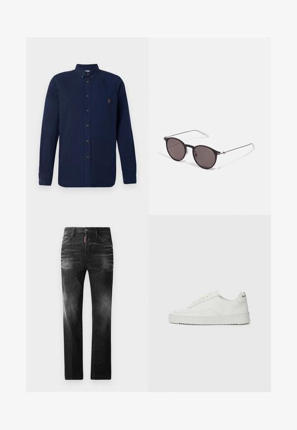 Marinblå långärmad skjorta med knappar, tillverkad av bomull, med krage, bruna knappar och en liten flerfärgad logotyp på vänster bröst.; Svarta denimjeans med rak passform. Har blekta områden, mindre slitningar, klassisk femficksdesign och knäppning med knapp.; Vita lädersneakers med en jämn yta, rund tå, platta snörningar och en strukturerad sula. Har en diskret logotyp på hälen.; Svarta runda solglasögon med mörka linser och smala metallarmar. Inkluderar klara tempeltips och silverdetaljer vid gångjärnet. Minimalistisk design.