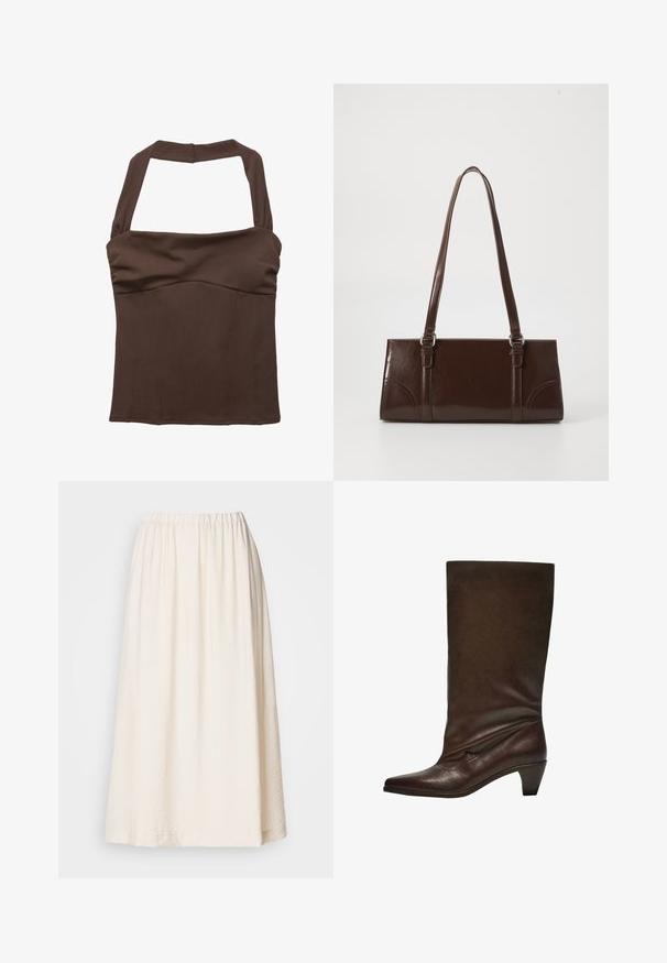 Bruine haltertop met een gestructureerde pasvorm, voorzien van geraffineerde stof bij de buste en een gladde textuur. Geen zichtbare patronen of versieringen.; Lange, crèmekleurige rok met een elastische tailleband. Gemaakt van een gemêleerde stof, heeft het een volle silhouet en valt het soepel.; Donkerbruin leren laars tot net onder de knie met een lage stapelhak, puntige neus en een lichtslappe schacht op een witte achtergrond.; Bruine lakleren handtas met een rechthoekige vorm, twee lange handvatten en subtiele gebogen accenten aan de voorkant.
