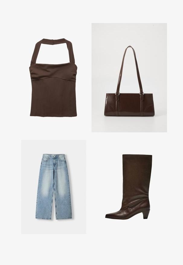 Barna nyakpántos felső, struktúrált szabással, a dekoltázson összegyűrt anyaggal és sima textúrával. Nincsenek látható minták vagy díszítések.; Világoskék, széles szárú, magas derekú farmernadrág, enyhén kopott hatással, öt zsebbel és egyenes szabással.; Sötétbarna bőr, középmagas csizma alacsony, tölcsér alakú sarokkal, hegyes orral és enyhén lecsúszott szárával fehér háttér előtt.; Barna lakkbőr kézitáska, téglalap alakú, két hosszú fogantyúval és finom ívelt díszítéssel az elején.
