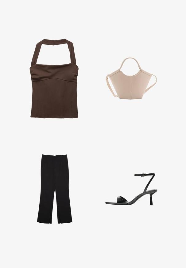 Brun halterneck top med en struktureret pasform, der har samlede stoffer ved bysten og en glat tekstur. Ingen synlige mønstre eller udsmykninger.; Sorte bukser med lige pasform, der har frontlommer og slidser i kanten. Lavet af blødt, glat stof. Velegnet til forskellige anledninger.; Bershka Højhælede sandaletter / Højhælede sandaler - black; Lysebrun læderhåndtaske med en unik form, featuring to korte håndtag og et langt justerbart rem. Glat tekstur med minimal hardware.