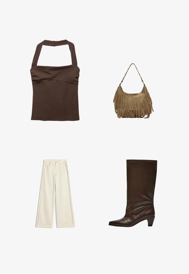 Brown halter neck top with a structured fit, featuring gathered fabric at the bust and a smooth texture. No visible patterns or embellishments.; Light cream wide-leg jeans featuring metal stud accents along the outer seams, five pockets, and a standard button fly closure.; Dark brown leather mid-calf boot with low stacked heel, pointed toe, and slightly slouched shaft against a white background.; Brown suede handbag with long fringe details, a curved shape, and a single shoulder strap. Features a smooth, textured surface.