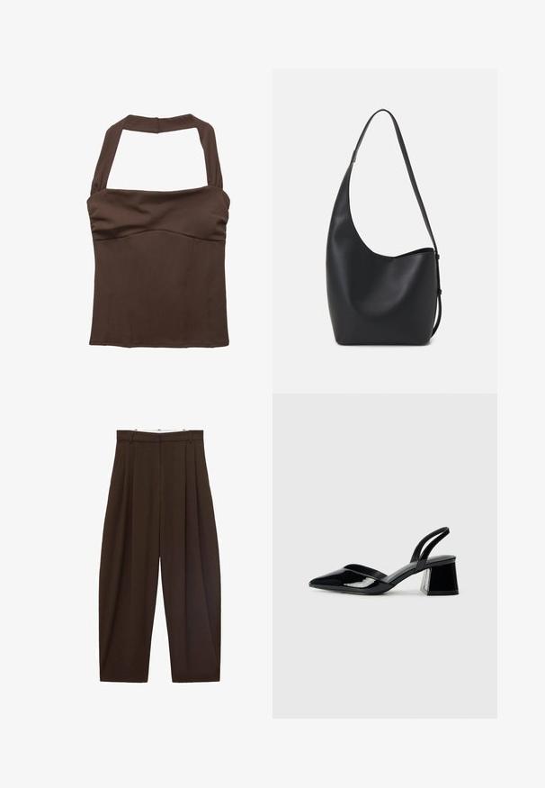 Top marrone con collo a halter e una vestibilità strutturata, caratterizzato da tessuto arricciato al busto e una superficie liscia. Nessun motivo visibile o decorazioni.; Pantaloni marroni a vita alta con pieghe, realizzati in tessuto morbido. Vestibilità ampia, design a gamba dritta, dotati di passanti per cintura e chiusura con zip.; Décolleté in vernice nera con punta affusolata e tacco in geometria cubica. Presentano un design elegante e minimalista, con una texture liscia.; Borsa hobo nera in pelle con una superficie liscia, forma curvata e una singola tracolla regolabile; presenta un'ampia apertura nella parte superiore.