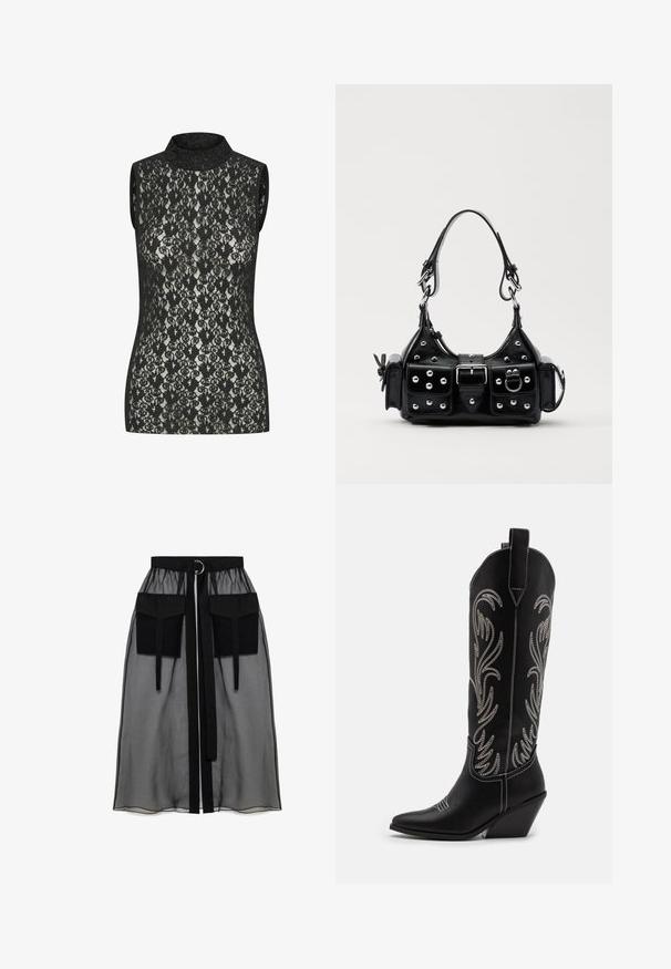 Black lace sleeveless top with a high neck, featuring an intricate floral pattern and a close-fitting design. Light sheen visible on fabric.; Black sheer skirt with a gathered waistband, featuring two large front pockets, a waist tie, and a circular metal accent.; Black leather cowboy boots with pointed toes, wedge heels, and silver embroidered floral patterns along the shaft. Contrast stitching throughout.; Black leather handbag with a curved design, featuring silver studs, a buckle, and two side pockets. Adjustable strap for carrying options.