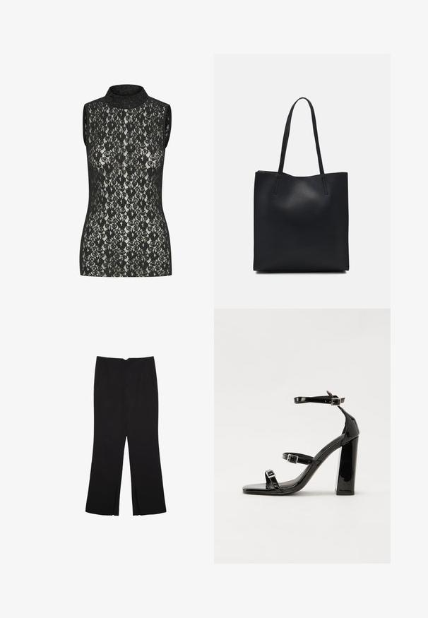 Sort blonde-lace ærmeløs top med høj hals, der har et indviklet blomstermønster og en tætsiddende pasform. Let glans synlig på stoffet.; Sorte bukser med lige pasform, der har frontlommer og slidser i kanten. Lavet af blødt, glat stof. Velegnet til forskellige anledninger.; Sorte patenterede hælsandaler med firkantet tå, ankelremme og sølvspænder. Har en chunky blokHæl for stabilitet.; Sort læder tote taske med glat tekstur, rektangulær form og to lange hanke. Ingen synlig hardware eller udsmykninger.