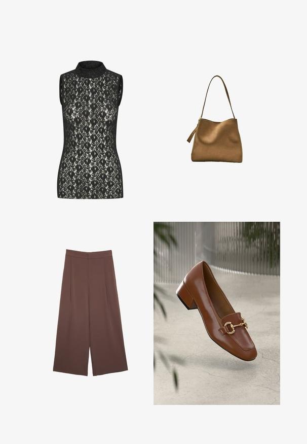 Sort blonde-lace ærmeløs top med høj hals, der har et indviklet blomstermønster og en tætsiddende pasform. Let glans synlig på stoffet.; Brune bredbunde bukser med en glat tekstur, der har høj talje og plisseringer foran. Stoffet er let og falder løst.; Brun patentlæder loafers med firkantet tå, metallisk kædeaccent og lav blokhæl; glat tekstur, minimalistisk design.; Brun ruskind skuldertaske med en glat overflade, buet top og en lang, flad skulderrem. Har en lynlås på den ene side.