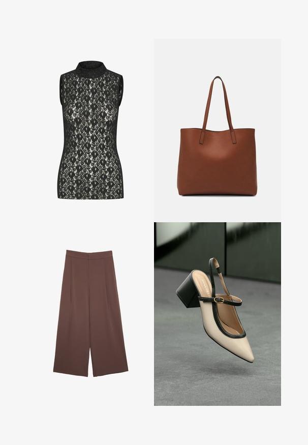 Sort blonde-lace ærmeløs top med høj hals, der har et indviklet blomstermønster og en tætsiddende pasform. Let glans synlig på stoffet.; Brune bredbunde bukser med en glat tekstur, der har høj talje og plisseringer foran. Stoffet er let og falder løst.; Beige spids tå slingback sko med sort kant, guld spænde og en chunky blokhæl på grå gulv med mørkegrøn baggrund.; Brun læder tote taske med en glat overflade, åben topdesign og to skulderremme. Har minimal syning og ingen synlig hardware.