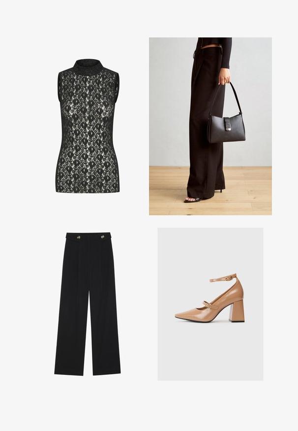 Schwarzes Spitzen-Top ohne Ärmel mit hohem Kragen, das ein filigranes Blumendesign und eine figurnahe Passform aufweist. Leichter Glanz auf dem Stoff sichtbar.; Schwarze weite Hosen mit hoher Taille, Knopfdetails am Bund und vorderen Falten.; Beige Lackleder-Pumps mit spitzem Zeh, einem Knöchelriemen und einem massiven Quadratabsatz. Glatte Textur mit glänzender Oberfläche.; Schwarze Handtasche mit strukturierter Form, glatter Textur und einem metallischen Verschluss. Kombiniert mit weiten schwarzen Hosen und offenen Sandalen auf einem Holzboden.