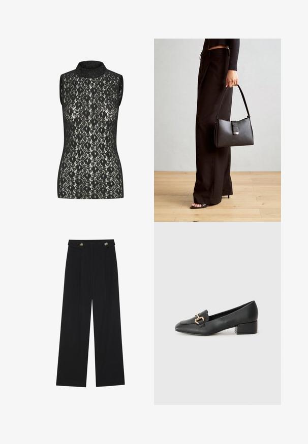 Črna čipkasta brezrokavnik s visokim ovratnikom, ki ima zapleteno cvetličasto zasnovo in tesno prileganje. Na tkanini je opazna lahka sijajnost.; Črne široke hlače s visokim pasom, gumbnimi detajli na pasu in sprednjimi gubami.; Črne usnjene loafersice s ravnim petkom, ki imajo dekorativen zlat detajl spredaj in gladko teksturo.; Črna torbica z strukturirano obliko, gladko teksturo in kovinskim zaponko. Ujemajo se z širokimi črnimi hlačami in odprtimi sandali na lesenem tleh.