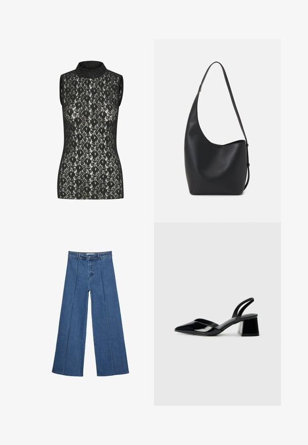 Top senza maniche in pizzo nero con collo alto, caratterizzato da un intricato motivo floreale e un design aderente. Leggera lucentezza visibile sul tessuto.; Jeans in denim a gamba larga di blu medio, con vita alta, chiusura con bottone e dettagli delle cuciture verticali a contrasto lungo la parte anteriore.; Décolleté in vernice nera con punta affusolata e tacco in geometria cubica. Presentano un design elegante e minimalista, con una texture liscia.; Borsa hobo nera in pelle con una superficie liscia, forma curvata e una singola tracolla regolabile; presenta un'ampia apertura nella parte superiore.