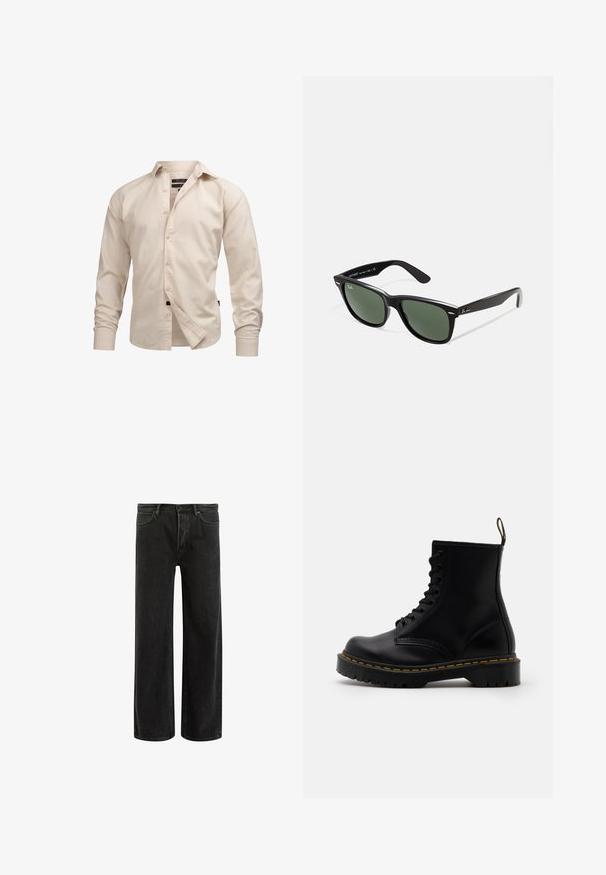 Light beige long-sleeve button-up shirt with a collared neck, featuring a plain texture and standard cuffs, front placket, and black label accent.; Black denim wide-leg jeans with a high waist, featuring classic five-pocket design, and subtle fading for a textured appearance.; Black leather ankle boots with a lace-up front, yellow stitching, a rounded toe, and a thick, textured rubber sole.; Black plastic sunglasses with green lenses, square frames, silver accent on the brow, and textured temple arms. Stated brand on inner arm.
