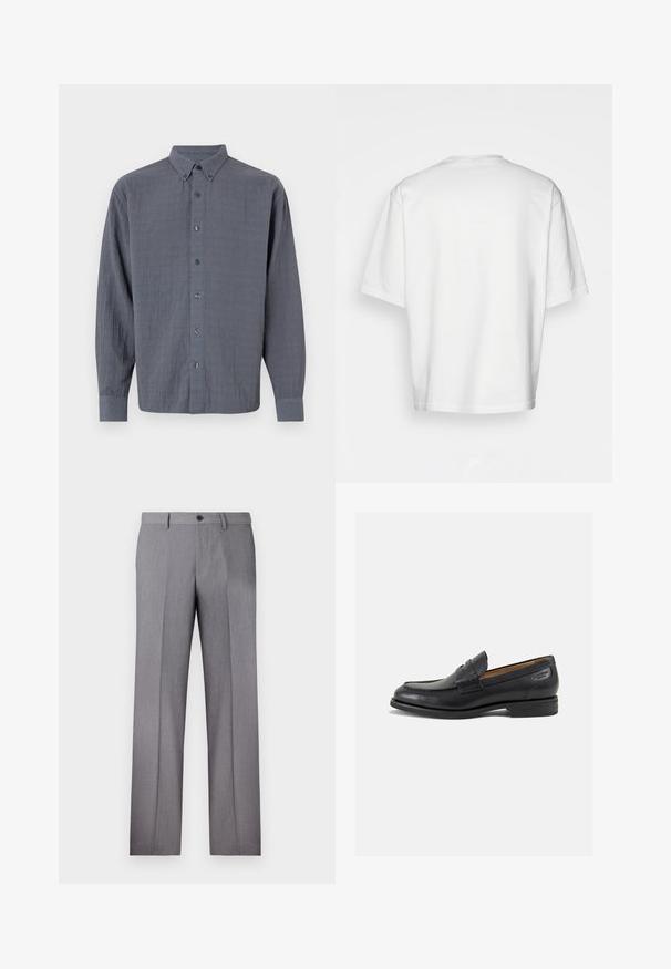 Pilkas marškinėliai su ilgomis rankovėmis, pagaminti iš tekstūruoto audinio, su klasikinio tipo apykakle ir šešiais priekiniais mygtukais.; Balta trumpa rankovėmis marškinėliai, laisvas kirpimas, apvalus iškirpimas, lygaus džinsinio audinio, nepuošta nugara, tiesiai kraštu, be raštų ar akcentų.; Pilkos pritaikytos kelnės su plokščiu priekiu, dviem šoninėmis kišenėmis ir vienu mygtuko užsegimu. Lygi tekstūra su subtiliu dryželiu.; Juodi odiniai loafersai su lygiu paviršiumi, apvaliu pirštu ir dekoratyvine siūlė viršuje. Žemas sustiprintas kulnas ir lengvas blizgesys.