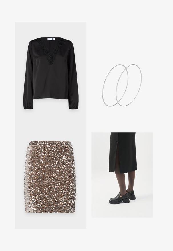 Blusa nera a maniche lunghe con scollatura a V caratterizzata da un intricato ricamo floreale nero. Texture in satin morbido e polsini elastici.; Mini gonna marrone in paillettes con un design aderente, coperta di paillettes argentate riflettenti, che creano un effetto testurizzato e scintillante.; Scarpe in pelle nera con punta arrotondata, tacco spesso a blocco e accenti laterali in elastico, abbinate a collant scuri e una gonna nera con uno spacco.; Orecchini a cerchio in argento con un design minimalista. Forma circolare, superficie liscia e profilo sottile. Leggeri con una finitura lucida.