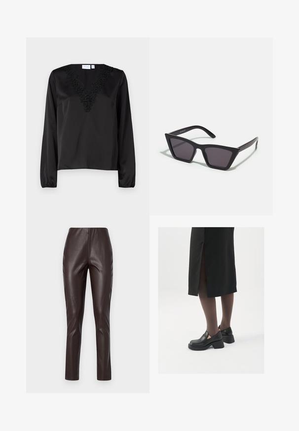 Must mustustega V-kaelusega bluus, millel on keerukas musta värvi lilleline tikand. Sile sätendav tekstuur ja elastsed mansetid.; Pruunid faux nahast legginsid, mis on sileda tekstuuriga, kõrge vöökohaga ja kitsaste lõikega. Omavad nõtket disaini ilma nähtavate õmbluste või kaunistusteta.; Mustad mustad jalatsid ümmarguse varbaga, paksu plokkniidi ja elastsete külgdetailidega, kombineeritud tumedate sukkade ja musta lõhikuga seelikuga.; Mustad mustrakellad, millel on hallid šabloonid; valmistatud plastist, paksude ja siledate kätega, ilma nähtava riistvarata.; Kuldne rõngassõrmused sileda ja läikiva viimistlusega. Ringikujuline disain, millel on väike post ja selge tagumine külg, et tagada kindel kandmine.