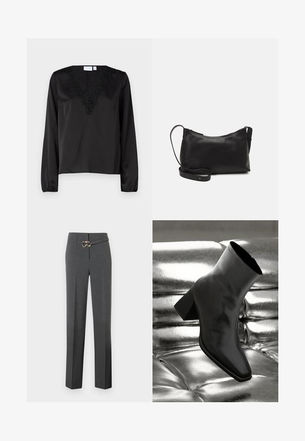 Černá dlouhá košile s výstřihem do V, zdobená jemnou černou květinovou výšivkou. Hladký saténový povrch a elastické manžety.; Tmavě šedé dámské kalhoty na míru se rovnými nohavicemi a tenkým ladícím páskem se zlatým sponou.; Černá kotníková bota vyrobená z lesklého materiálu se čtveratou špičkou a zúženým podpatkem, umístěná na lesklém stříbrném prošívaném pozadí.; Černá kožená taška přes rameno s hladkým povrchem, zakřiveným tvarem, nastavitelným popruhem a zipovým uzávěrem. Minimalistický design bez zdobení.