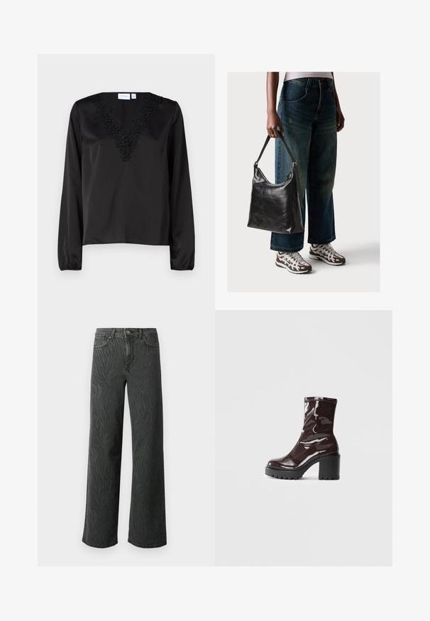 Black long-sleeve blouse with a V-neckline featuring intricate black floral embroidery. Smooth satin texture and elasticated cuffs.; Wide-leg jeans in dark gray denim, featuring a subtle zebra-pattern texture, contrast stitching, and five-pocket design with a button fly.; Glossy burgundy ankle boot with a chunky black heel, featuring a smooth texture and simple design. No visible fastenings or patterns.; Black leather shoulder bag with a smooth texture and adjustable strap, paired with faded wide-leg jeans and athletic sneakers.