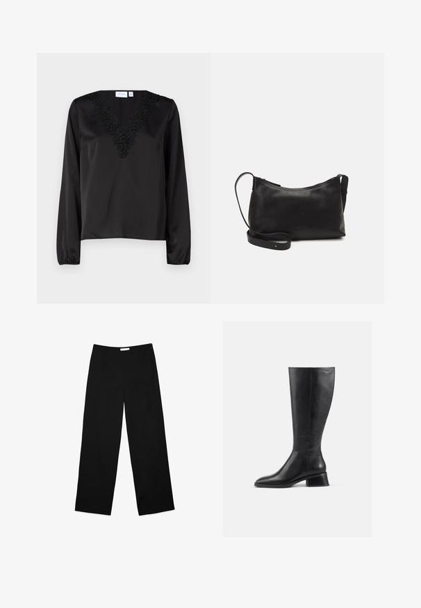 Czarna bluzka z długim rękawem i dekoltem w kształcie litery V, ozdobiona misternym czarnym haftem kwiatowym. Gładka satynowa tekstura i elastyczne mankiety.; Czarne spodnie o szerokich nogawkach, wykonane z gładkiego materiału, o minimalistycznym designie, z dyskretnym zapięciem na zamek bocznym.; Czarne skórzane botki do kolan z okrągłym noskiem i niskim, blokowym obcasem. Charakteryzują się gładką teksturą i minimalnymi detalami szycia.; Czarna skórzana torba na ramię o gładkiej fakturze, zakrzywionym kształcie, regulowanym pasku i zapięciu na zamek. Minimalistyczny design bez zdobień.