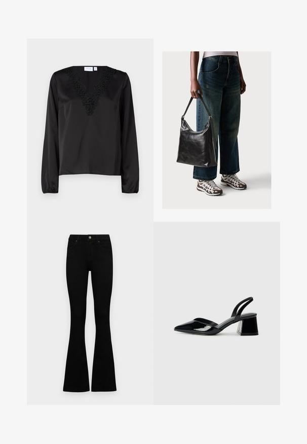 Black long-sleeve blouse with a V-neckline featuring intricate black floral embroidery. Smooth satin texture and elasticated cuffs.; Black high-waist jeans with a button and zip closure, front pockets, and flared legs laid flat on a white background.; Black patent leather slingback heels with a pointed toe and a geometric block heel. Features a sleek, minimal design and smooth texture.; Black leather shoulder bag with a smooth texture and adjustable strap, paired with faded wide-leg jeans and athletic sneakers.