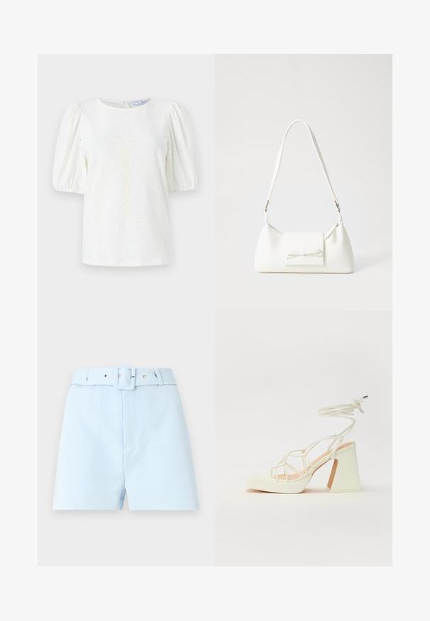 White blouse featuring puffed sleeves, round neckline, and eyelet pattern for texture. Back keyhole closure detail adds subtle design element.; Light blue shorts with a belted waist, featuring a square buckle and metal hardware accents. Smooth fabric, tailored cut, and pleated front.; White high-heeled sandal with a chunky heel, featuring a strappy design and ankle tie. Smooth texture with a platform front for added height.; White synthetic handbag with a triangular shape, flat front flap and bow detail, adjustable strap, smooth texture, and minimalistic design.