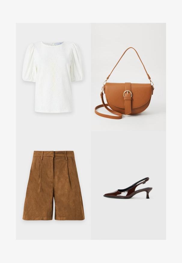 Fehér blúz puffos ujjakkal, kerek nyakkivágással és lyukacsos mintázattal a textúra érdekében. A hátsó, kulcslyuk zárás finom dizájn elemet ad hozzá.; Barna szuede shorts, sima felülettel, elöl redőkkel, lapos derékrésszel és egyenes szabással.; Barna lakkbőr slingback cipő hegyes orral és mérsékelt sarkal. Biztonságos illeszkedést biztosító csattal rendelkezik. Sima textúra.; Barna bőr keresztbody táska ívelt formával, aranyszínű fémrészekkel és csat díszítéssel. Levehető vállpánttal rendelkezik.