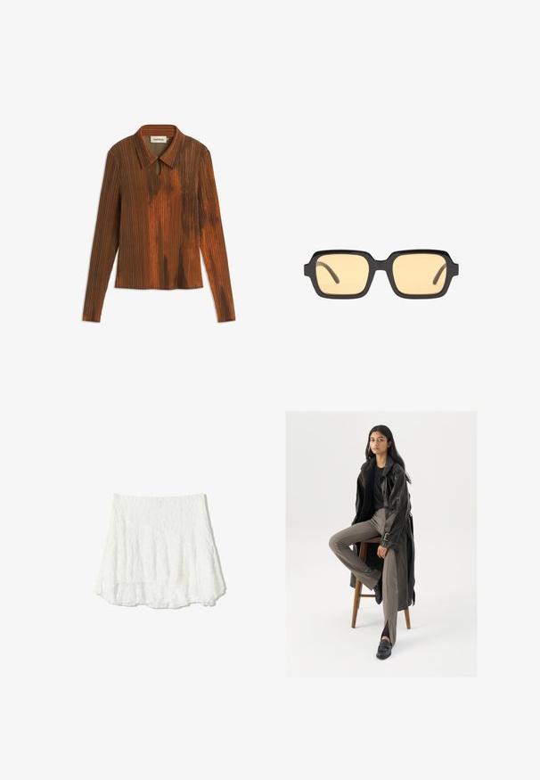 Bruine colbertdas met lange mouwen en verticale strepen, met een sleutelgatdetail bij de hals en een licht gestructureerde oppervlakte.; Witte, gestructureerde mini-rok met een gelaagde, gerimpelde zoom. Gemaakt van lichtgewicht stof, met een gekreukt uiterlijk en een elastische tailleband.; Zwarte leren trenchcoat met knopen en riemdetails, gecombineerd met lichtbruine getailleerde broek en zwarte loafers, zittend op een houten kruk.; Zwarte rechthoekige zonnebril met gele glazen, een lichtgewicht montuur en opvallende rechte randen op de temples. Gladde, glanzende afwerking.; Zwarte leren handtas met twee verlengde handvatten, ritsluiting en ronde vorm; gladde textuur met subtiele glanzende afwerking.